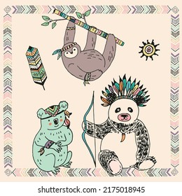 Tribal animals: panda bear, sloth, koala vector illustrations set