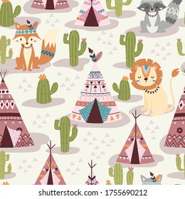 Tribal animals repeat pattern. Nursery art background. Children's fabric pattern design. Children cute background design.