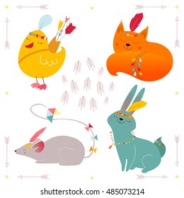 Tribal animals set with fox, rabbit, mouse, duck and arrows. Vector illustration in cartoon