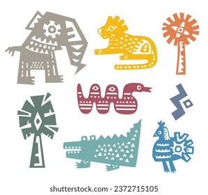 Tribal animals symbols illustration, Collection of cartoon cute vector silhouettes.