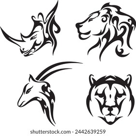 Tribal animals vector illustrations, great for vehicle graphics, stickers and T-shirt designs. Cartoon mascot characters, ready for vinyl cutting. Rhinoceros, King Lion, antelope, lioness.