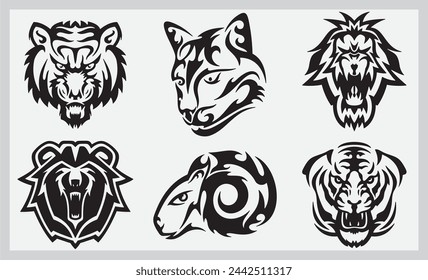 Tribal animals vector illustrations set, great for vehicle graphics, stickers and T-shirt designs. Cartoon mascot characters, ready for vinyl cutting. Tigers, puma, lion, bear, ram.