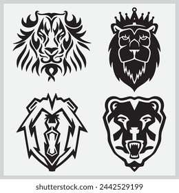 Tribal animals vector illustrations set, great for vehicle graphics, stickers and T-shirt designs. Cartoon mascots, ready for vinyl cutting. Lion King and bear characters.