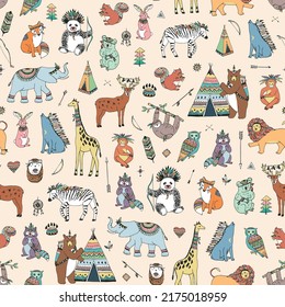 Tribal animals vector seamless pattern