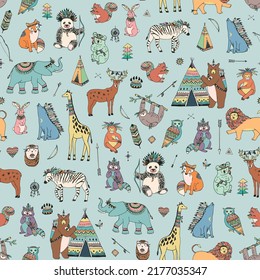 Tribal animals vector seamless pattern