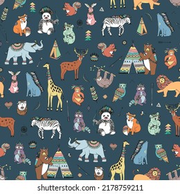 Tribal animals vector seamless pattern