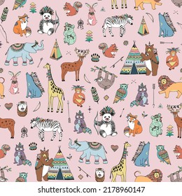 Tribal animals vector seamless pattern