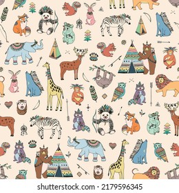 Tribal animals vector seamless pattern