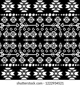 Tribal apache vector seamless border pattern. Black and white ornamental ethnic background. Tribe ornament with doodle hand drawn arrows, circles, rhombus, shapes, borders. Decorative aztec design