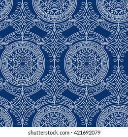 Tribal Arabic seamless pattern in traditional blue and white colors