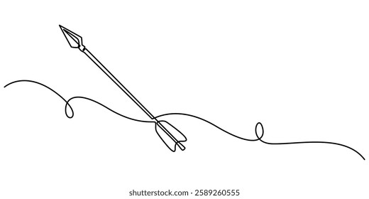 tribal arrow continuous one line drawing, arrow engraving black and white outline, Weapon bow for throwing arrows hand drawn in doodle style. Archery at the target, Minimal tribal arrow icon concept. 