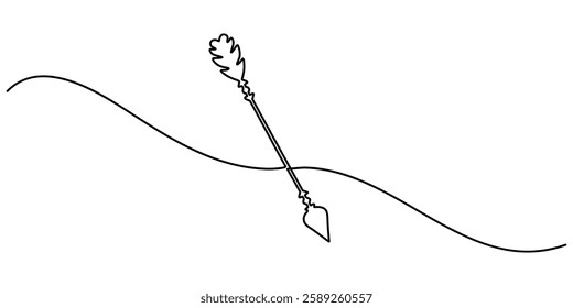 tribal arrow continuous one line drawing, arrow engraving black and white outline, Weapon bow for throwing arrows hand drawn in doodle style. Archery at the target, Minimal tribal arrow icon concept. 