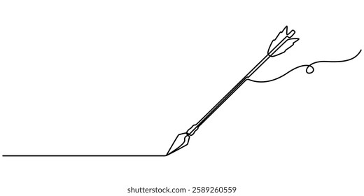 tribal arrow continuous one line drawing, arrow engraving black and white outline, Weapon bow for throwing arrows hand drawn in doodle style. Archery at the target, Minimal tribal arrow icon concept. 