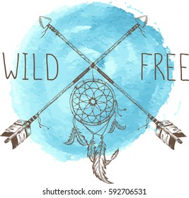 Tribal arrow in ethnical pattern with feathers and dream catcher