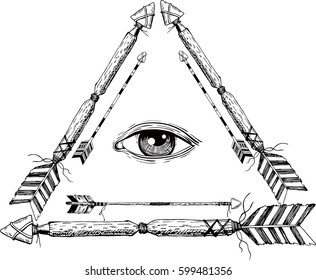 Tribal arrow in ethnical pattern with feathers  and buddha eye