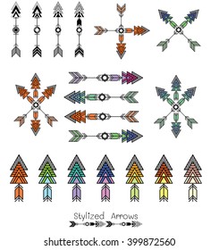 Tribal arrow, feathers, decorative elements, geometric symbols Aztec style. Boho pattern, tribal logo, hipster shapes.