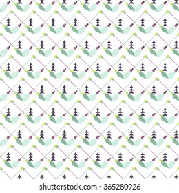 Tribal arrow seamless pattern. Green, mint and purple arrows arranged in crossed rows.