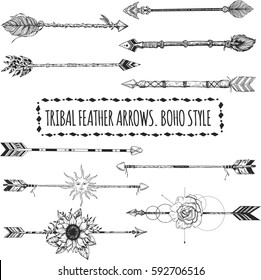 Tribal arrow set in ethnical pattern with feathers, dream catcher, sun face and wild flowers