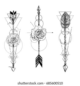 Tribal arrow set in ethnical pattern with feathers and flowers