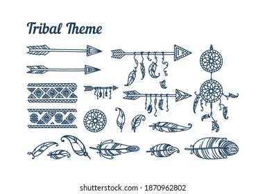 Tribal arrows and feathers isolated in white background. Set of ethnic feathers, arrows and dreamcatcher. Vector illustration in doodle style