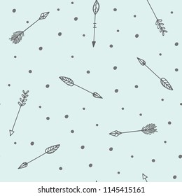 Tribal arrows hand drawn pattern, Seamless vector doodle background with arrows. Black arrows on mint background.