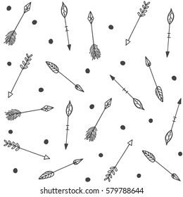 Tribal arrows hand drawn pattern, Seamless vector doodle background with arrows. Black arrows on white background.