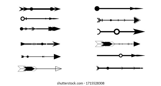 Flechas tribales sobre un fondo blanco. Aztec, elementos boho. Ilustración Retro Arrow.Vector. Conjunto de flechas vectoriales negras. Icono de flecha. 