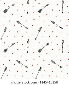 Tribal arrows pattern, Hand drawn seamless vector doodle background. Black arrows on beige background with red dots.