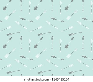 Tribal arrows pattern, Hand drawn seamless vector doodle background. Black arrows on beige background.