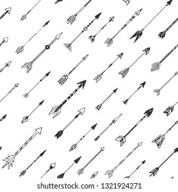Tribal arrows seamless pattern. Ethnic black and white hand-drawn background. Vector illustration.