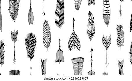 Tribal arrows seamless pattern. Hand drawn thin arrows with feathers. Abstract pen drawing seamless texture. Doodle and native style. Black and white artistic background. Indian, ethnic style elements