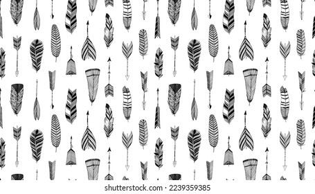 Flechas tribales sin fisuras. La mano dibujó flechas delgadas con plumas. Resumen de la textura sin fisuras del dibujo de la pluma. Doodle y estilo nativo. Antecedentes artísticos en blanco y negro. Elementos de estilo indio y étnico