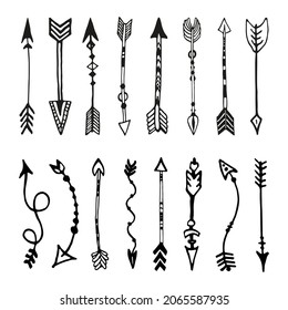 Tribal arrows set, hand drawn background. Sketchy pattern, arrow icons collection on white. Hipster ethnic doodlel design elements for print, poster, greeting card and cover. Vector illustration.