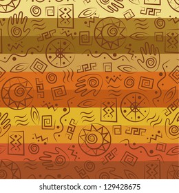 Tribal art. African style seamless pattern with  ancient tribal symbols of colorful striped background