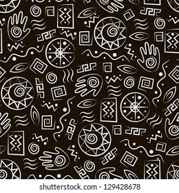 Tribal art . African style seamless pattern with  ancient  symbols of black background