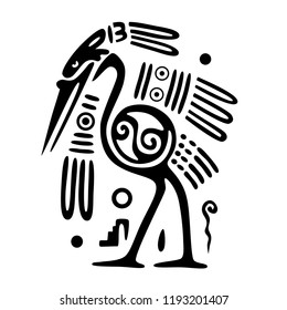 tribal art animal, aztec ancient drawing of an bird, ethnic animal tribal illustration - isolated vector 