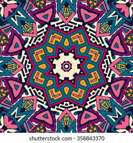 Tribal art bohemia seamless pattern. Ethnic geometric print. Colorful repeating background texture. Fabric, cloth design wrapping