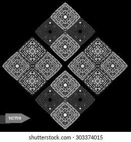 Tribal art boho geometric print. Gray ethnic pattern, square shape isolated on black background