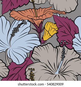 Tribal art boho print, multicolor vintage flowers, leaves and buds on gray background. Background texture, wallpaper, multicolored floral theme. Abstract ethnic vector seamless pattern.