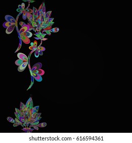 Tribal art boho print, multicolor vintage flowers, leaves and buds on black background. Background texture, wallpaper, multicolored floral theme. Abstract ethnic vector seamless pattern.