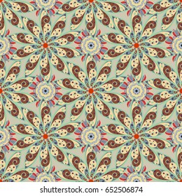 Tribal art boho print, vintage flower background. Background texture, wallpaper, floral theme in colors. Abstract ethnic vector seamless pattern.