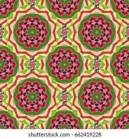 Tribal art boho print, vintage flower background. Background texture, wallpaper, floral theme in colors. Abstract ethnic vector seamless pattern.