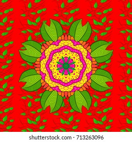 Tribal art boho print, vintage flower background. Background texture, wallpaper, floral theme in red, green, yellow and pink colors. Abstract ethnic vector seamless pattern.