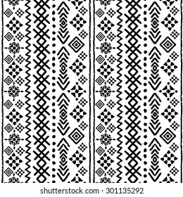 Tribal art boho seamless pattern. Ethnic geometric print. Tribal art repeating background texture in black and white. Fabric, cloth design, wallpaper, wrapping