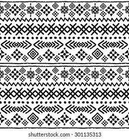 Tribal art boho seamless pattern. Ethnic geometric print. Aztec repeating background texture in black and white. Fabric, cloth design, wallpaper, wrapping