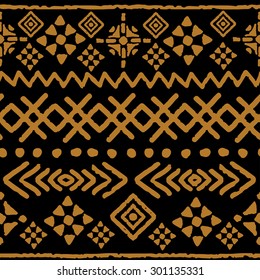 Tribal art boho seamless pattern. Ethnic geometric print. Aztec repeating background texture black and gold. Fabric, cloth design, wallpaper, wrapping