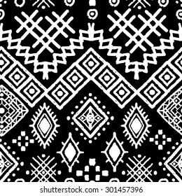 Tribal art boho seamless pattern. Ethnic geometric print. Aztec repeating background texture in black and white. Fabric, cloth design, wallpaper, wrapping