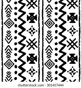 Tribal art boho seamless pattern. Ethnic geometric print. Repeating background texture in black and white. Fabric, cloth design, wallpaper, wrapping