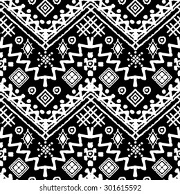 Tribal art boho seamless pattern. Ethnic geometric print. Repeating background texture in black and white. Fabric, cloth design, wallpaper, wrapping