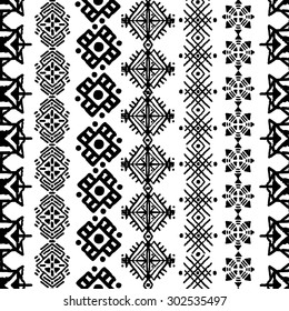 Tribal art boho seamless pattern. Ethnic geometric print. Repeating border background texture in black and white. Fabric, cloth design, wallpaper, wrapping
